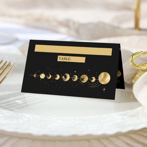 Celestial Black Gold Crescent Moon Phases Wedding Place Card