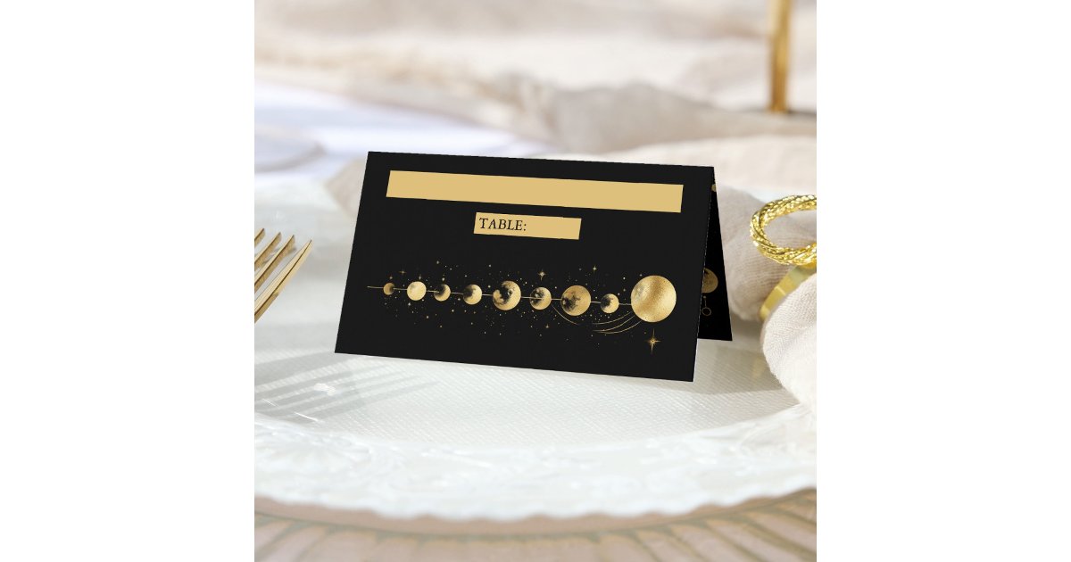 Celestial Black Gold Crescent Moon Phases Wedding Place Card | Zazzle