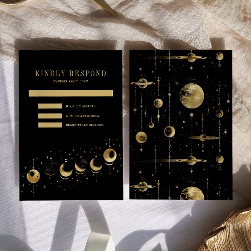 Celestial Black Gold Crescent Moon Phases Wedding RSVP Card