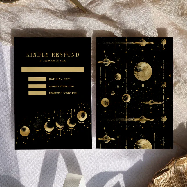 Celestial Black Gold Crescent Moon Phases Wedding RSVP Card | Zazzle