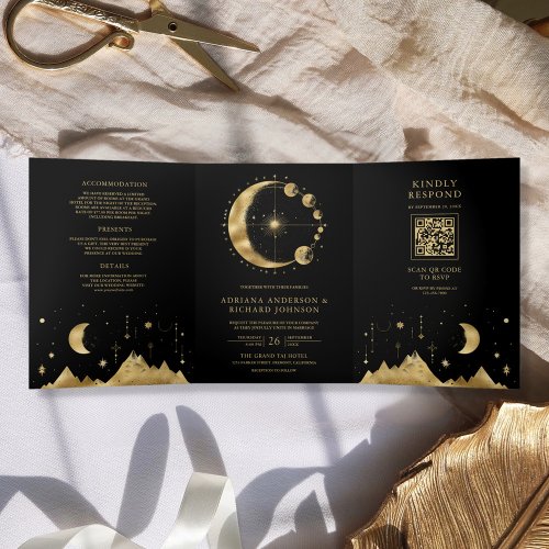 Celestial Black Gold Crescent Moon Phases Wedding Tri_Fold Invitation