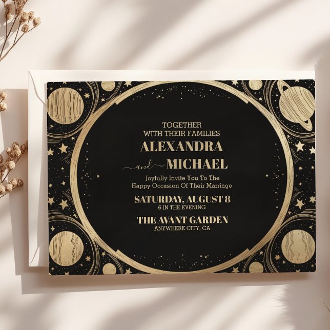 Celestial Black Gold Crescent Moon Wedding Invitation (Creator Uploaded)