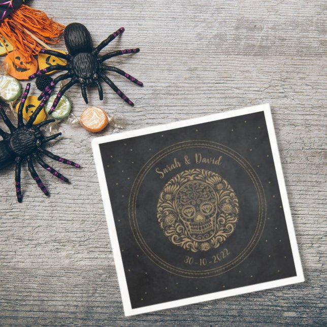 Celestial Black Gold Floral Skull Gothic Halloween Napkins (Creator Uploaded)