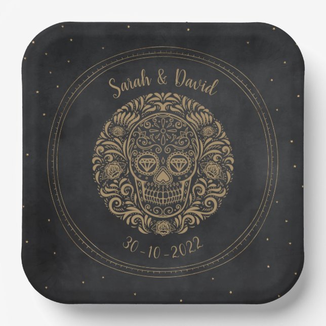 Celestial Black Gold Floral Skull Gothic Halloween Paper Plates (Front)