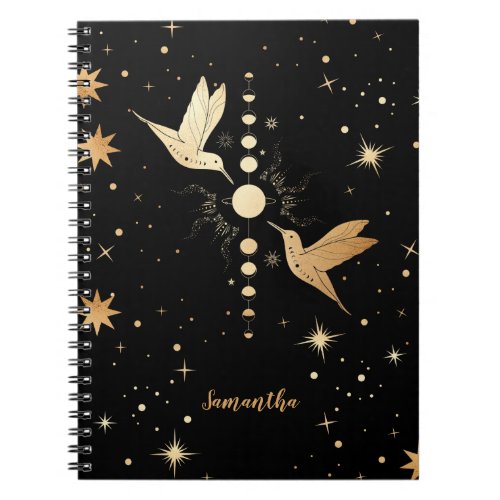 Celestial Black Gold Hummingbird Moon Phases Name Notebook