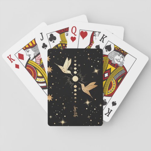 Celestial Black Gold Hummingbird Moon Phases Name Playing Cards