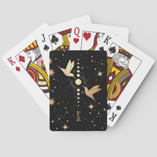 Celestial Black Gold Hummingbird Moon Phases Name Poker Cards (Back)
