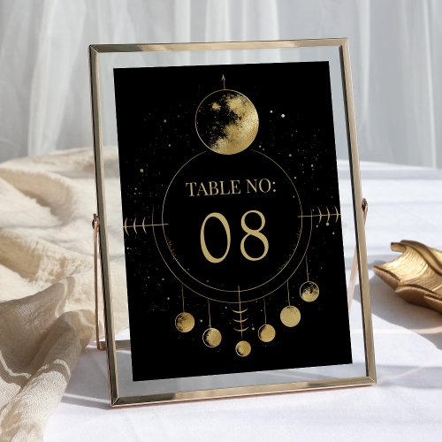 Celestial Black Gold Moon Phases Wedding Table Number