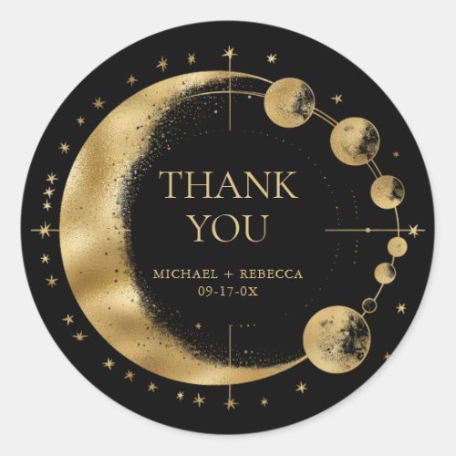 Celestial Black Gold Moon Phases Wedding Thank You Classic Round Sticker