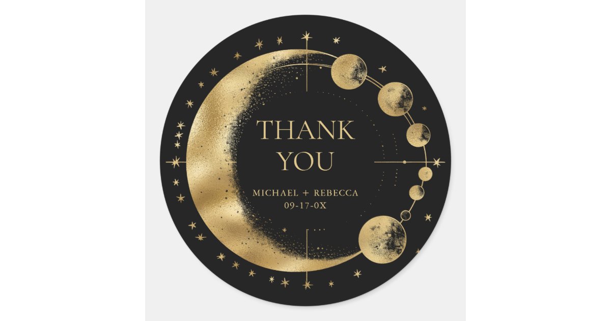 Celestial Black Gold Moon Phases Wedding Thank You Classic Round ...