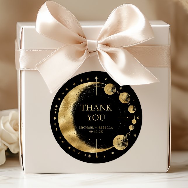 Celestial Black Gold Moon Phases Wedding Thank You Classic Round Sticker (Creator Uploaded)
