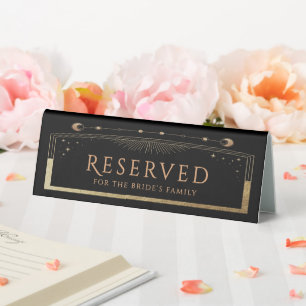 Celestial Black Gold Moon Stars Wedding Reserved Table Tent