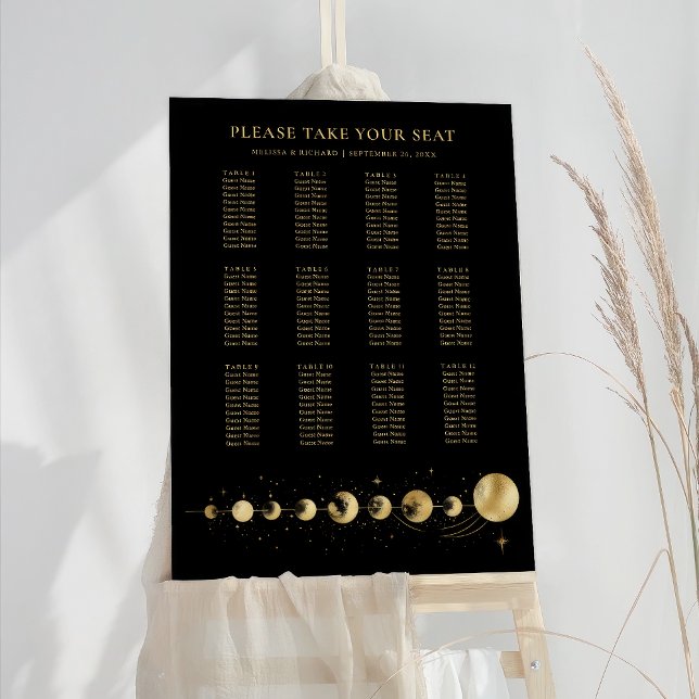 Celestial Black Gold Moon Wedding Seating Chart Foam Board (Creator Uploaded)