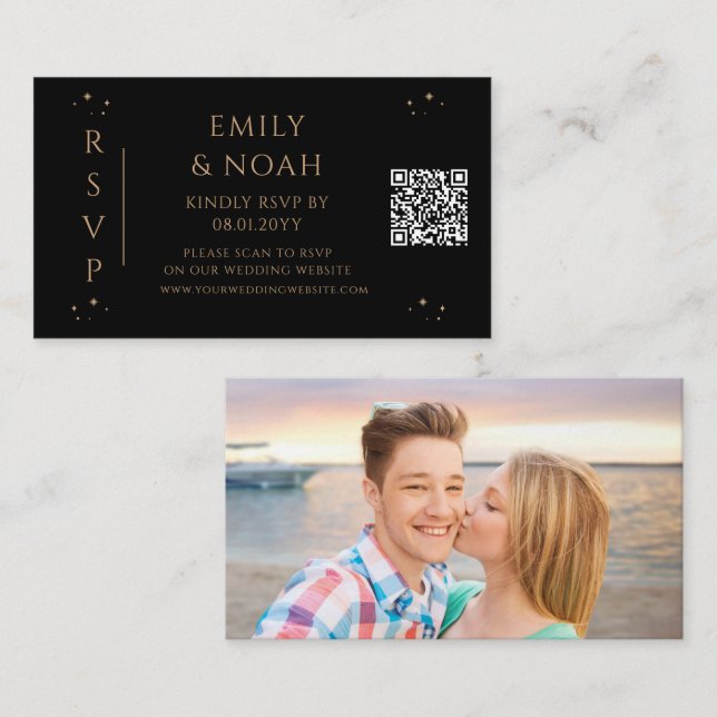 Celestial Black Gold QR Code Photo RSVP Enclosure Card (Front/Back)