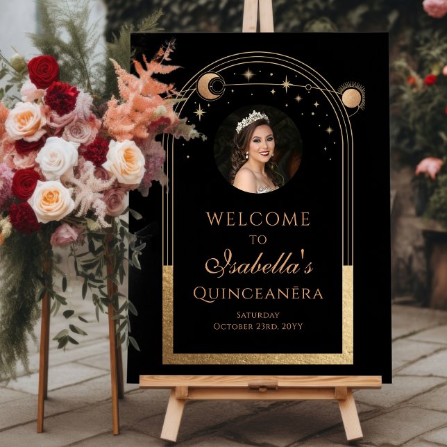 Celestial Black Gold Quinceañera Birthday Welcome Foam Board (Creator Uploaded)