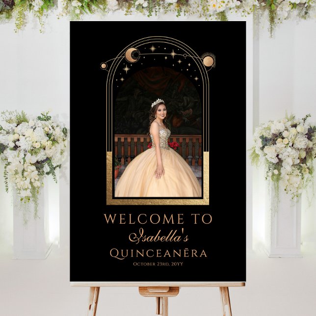 Celestial Black Gold Quinceañera Birthday Welcome Foam Board (Creator Uploaded)