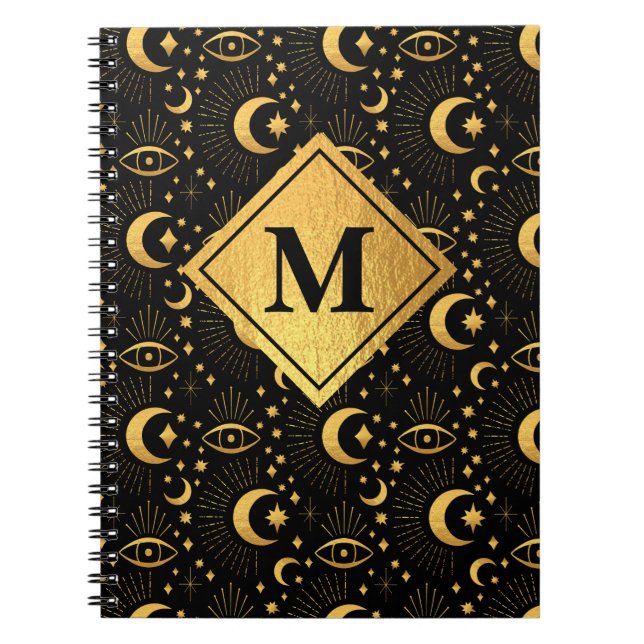 Celestial Black & Gold Stars Moon Pattern Monogram Notebook (Front)