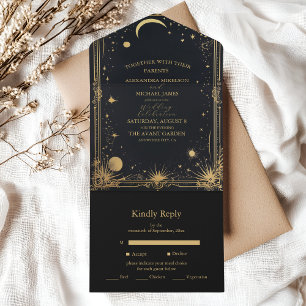Celestial Black Gold Sun Moon Astronomy Wedding All In One Invitation