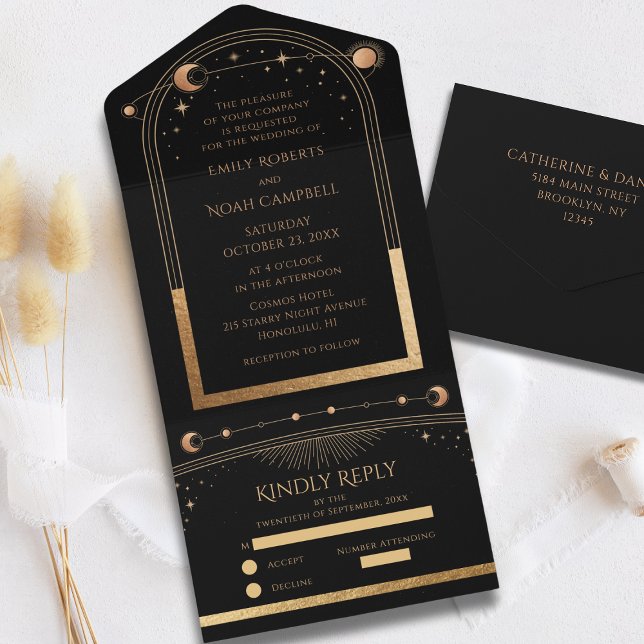 Celestial Black Gold Sun Moon Astronomy Wedding All In One Invitation (Creator Uploaded)