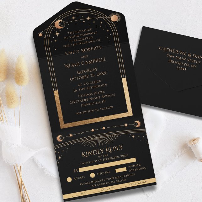 Celestial Black Gold Sun Moon Astronomy Wedding All In One Invitation (Creator Uploaded)