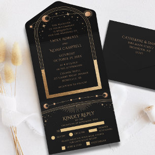 Celestial Black Gold Sun Moon Astronomy Wedding All In One Invitation
