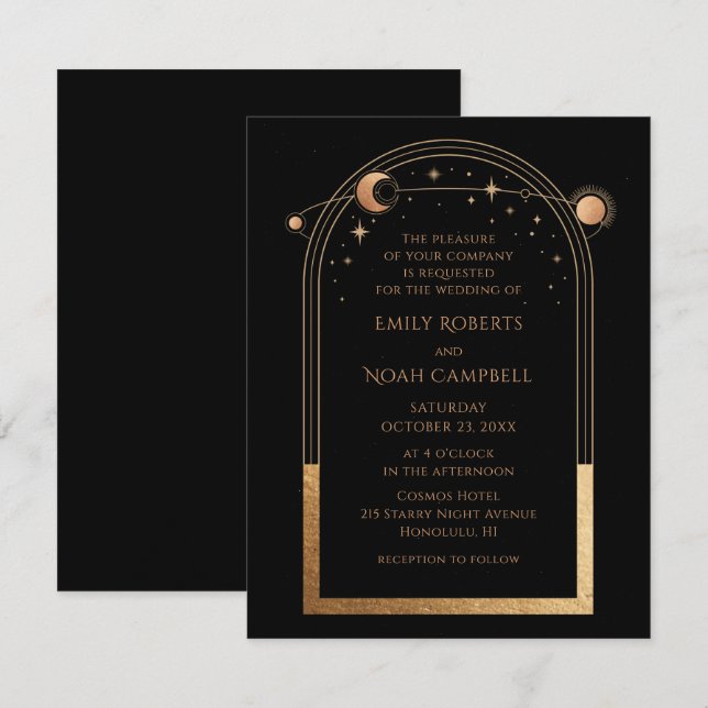 Celestial Black Gold Sun Moon Astronomy Wedding Invitation (Front/Back)