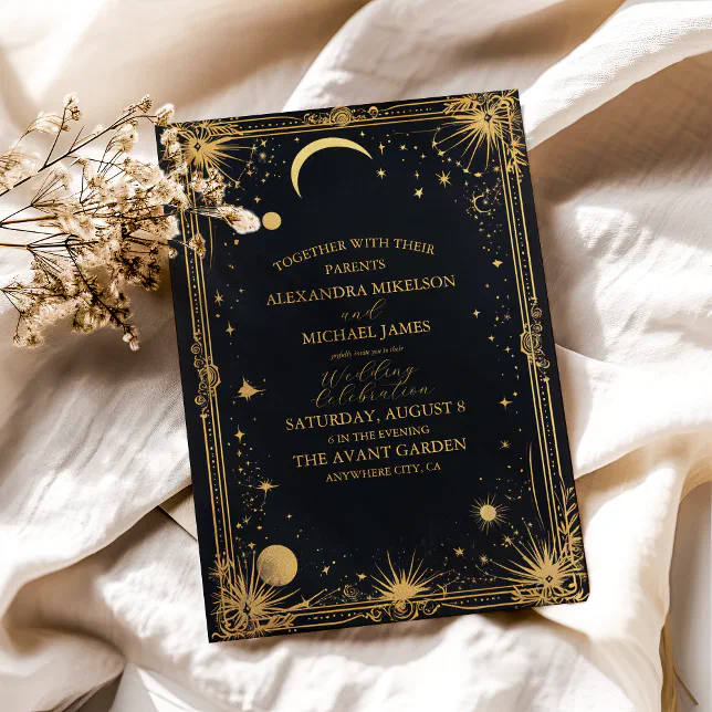 Celestial Black Gold Sun Moon Astronomy Wedding Invitation | Zazzle