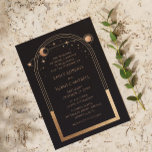 Celestial Black Gold Sun Moon Astronomy Wedding Invitation<br><div class="desc">Celestial Black Gold Sun Moon Astronomy Wedding Invitations features gold sun,  moon and stars with a golden frame on a black background. Inside is your custom wedding invitation information. Personalize by editing the text in the text boxes. Designed for you by Evco Studio www.zazzle.com/store/evcostudio</div>