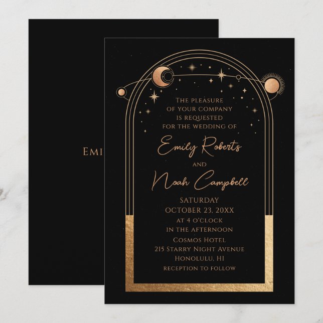Celestial Black Gold Sun Moon Astronomy Wedding Invitation (Front/Back)