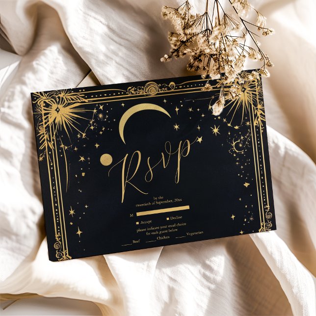 Celestial Black Gold Sun Moon Astronomy Wedding RSVP Card (Creator Uploaded)