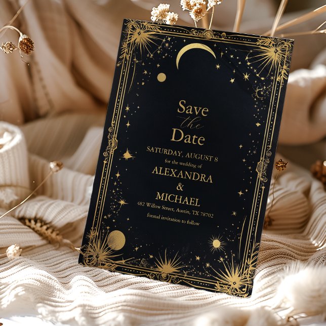 Celestial Black Gold Sun Moon Astronomy Wedding Save The Date (Creator Uploaded)