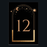 Celestial Black Gold Sun Moon Astronomy Wedding Table Number<br><div class="desc">Celestial Black Gold Sun Moon Astronomy Wedding Table Numbers features gold sun, moon and stars with a golden frame on a black background. Inside table number celestial wedding. Personalize by editing the text in the text boxes. Designed for you by Evco Studio www.zazzle.com/store/evcostudio NOTE: Please customize with table numbers one...</div>