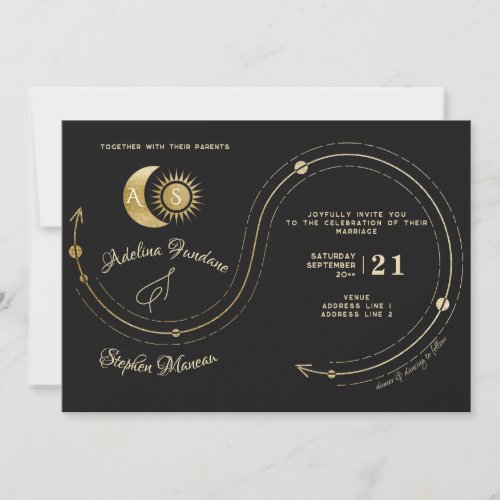 Celestial Black Gold Sun Moon Crest RSVP QR Code Invitation