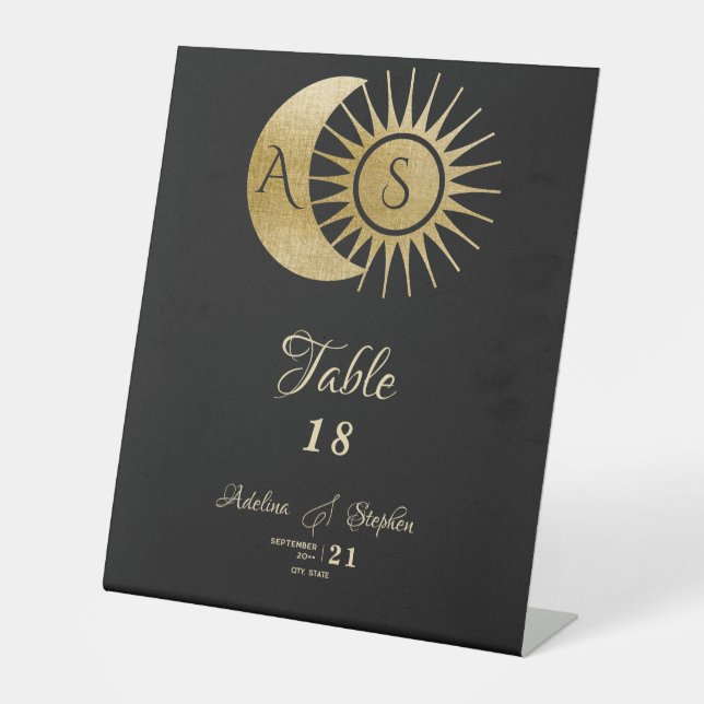 Celestial Black Gold Sun Moon Crest Table Sign (Front)