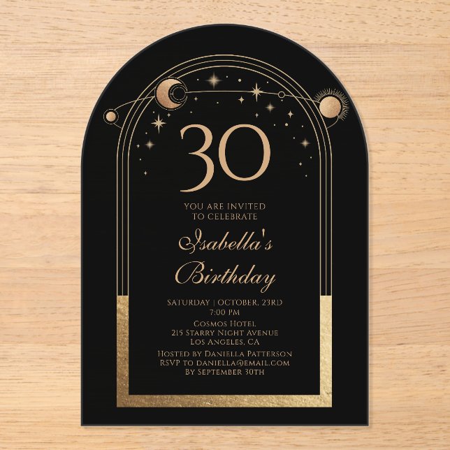 Celestial Black Gold Sun Moon Stars 30th Birthday Acrylic Invitations (Front)