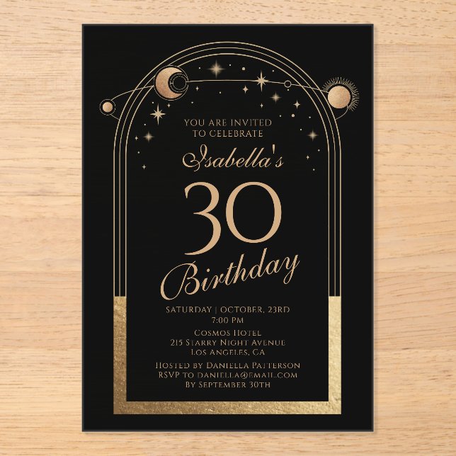 Celestial Black Gold Sun Moon Stars 30th Birthday Acrylic Invitations (Front)