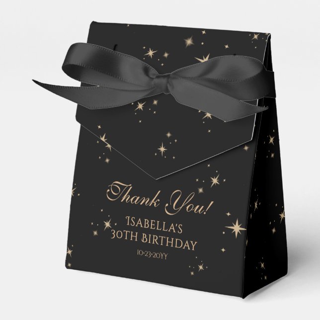 Celestial Black Gold Sun Moon Stars 30th Birthday Favor Boxes (Front Side)