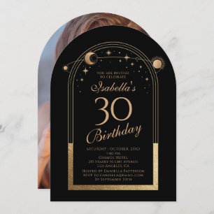 Celestial Black Gold Sun Moon Stars 30th Birthday Invitation