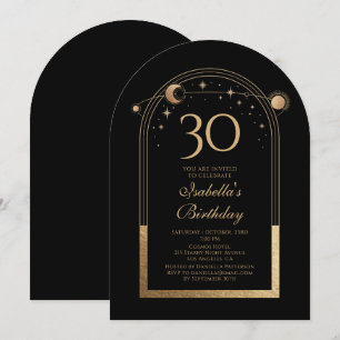 Celestial Black Gold Sun Moon Stars 30th Birthday Invitation