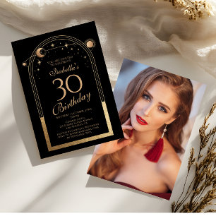 Celestial Black Gold Sun Moon Stars 30th Birthday Invitation
