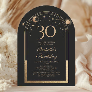 Celestial Black Gold Sun Moon Stars 30th Birthday Invitation