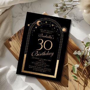 Celestial Black Gold Sun Moon Stars 30th Birthday Invitation