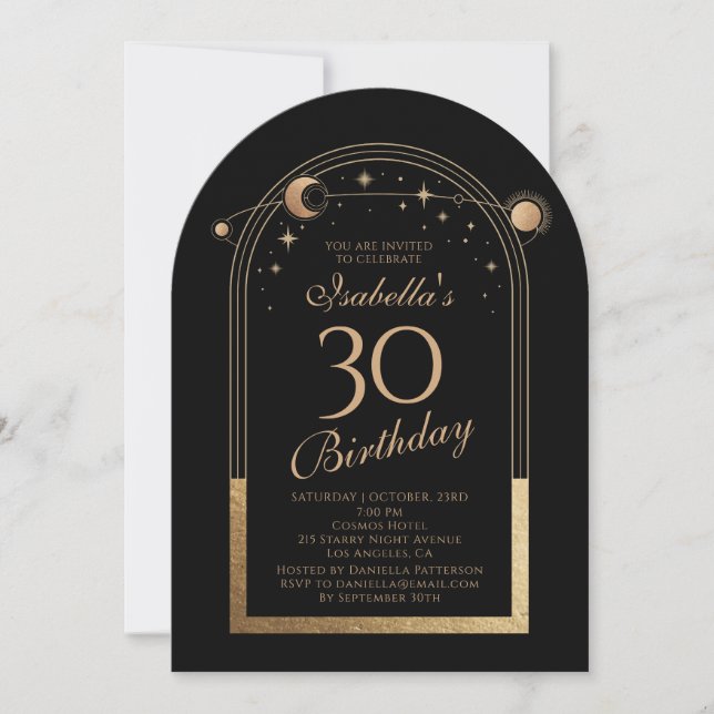 Celestial Black Gold Sun Moon Stars 30th Birthday Invitation (Front)