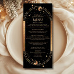 Celestial Black Gold Sun Moon Stars 30th Birthday Menu<br><div class="desc">Celestial Black Gold Sun Moon Stars 30th Birthday Menu Cards features a golden sun,  moon and stars on a black background with your menu details in the center in modern gold calligraphy script. Personalize by editing the text in the text boxes provided. Designed for you by Evco Studio www.zazzle.com/store/evcostudio</div>