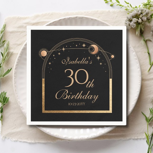 Celestial Black Gold Sun Moon Stars 30th Birthday Napkins (Creator Uploaded)