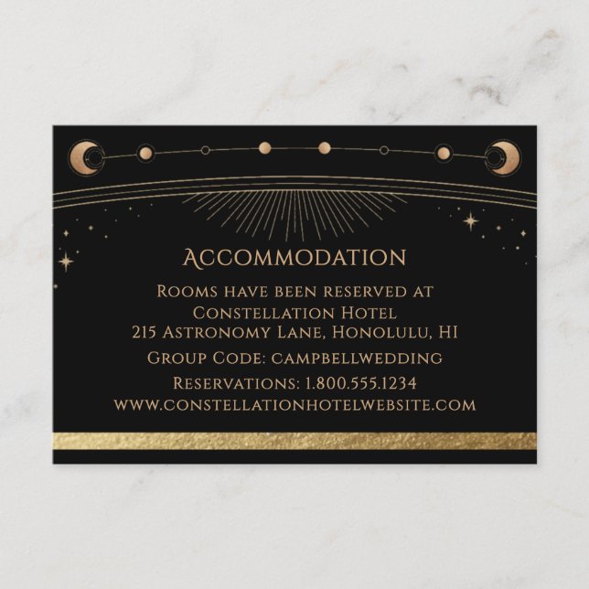 Celestial Black Gold Sun Moon Stars Accommodation Enclosure Card (Front)