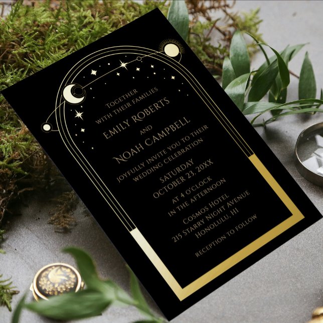 Celestial Black Gold Sun Moon Stars Astronomy Foil Invitation (Creator Uploaded)