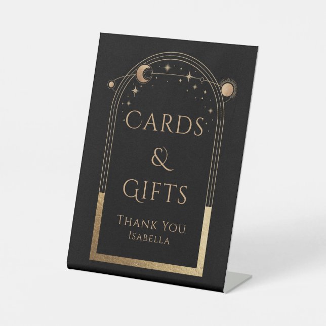 Celestial Black Gold Sun Moon Stars Cards & Gifts Pedestal Sign (Front)