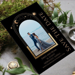 Celestial Black Gold Sun Moon Stars Double Photo Save The Date
