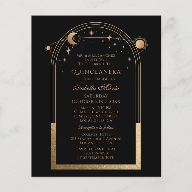 Celestial Black Gold Sun Moon Stars Quinceañera Flyer (Front)